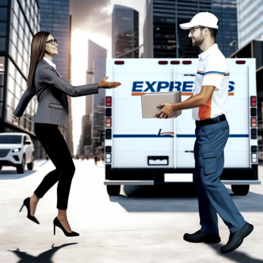 Kurier ekspresowy biegnący obok autobusu z przesyłką