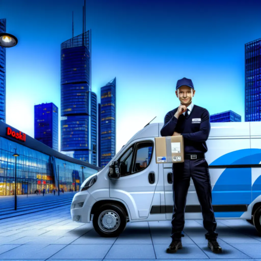 Umundurowany kurier LocalCourierpl odbierający przesyłkę w centrum miasta