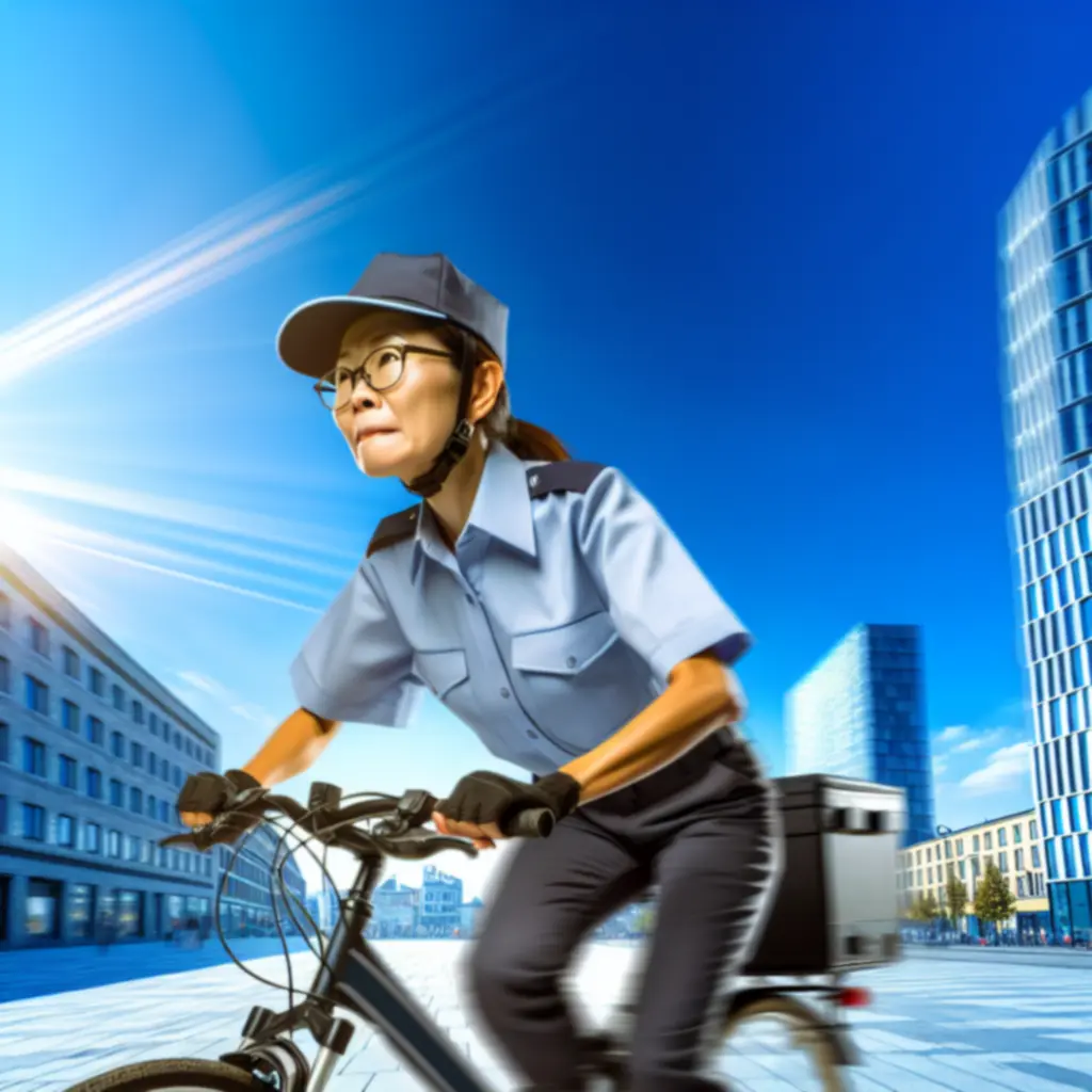 Kurier na rowerze dostarczający przesyłkę w centrum miasta