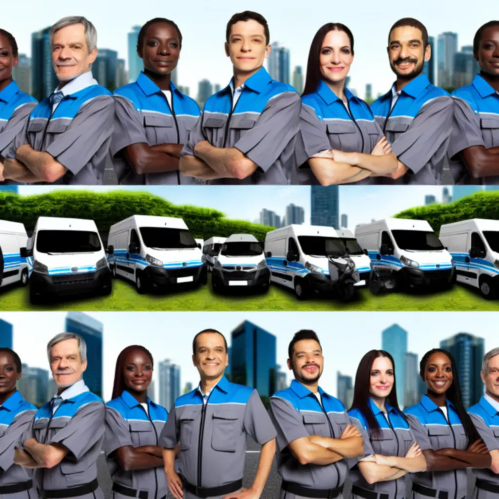 Zespół kurierów LocalCourierpl stojących przy flotylli pojazdów dostawczych